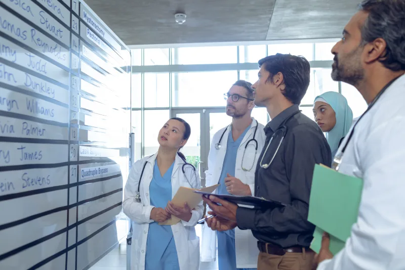 Side view of diverse medical team of doctors checking their shifts on chart at hospital