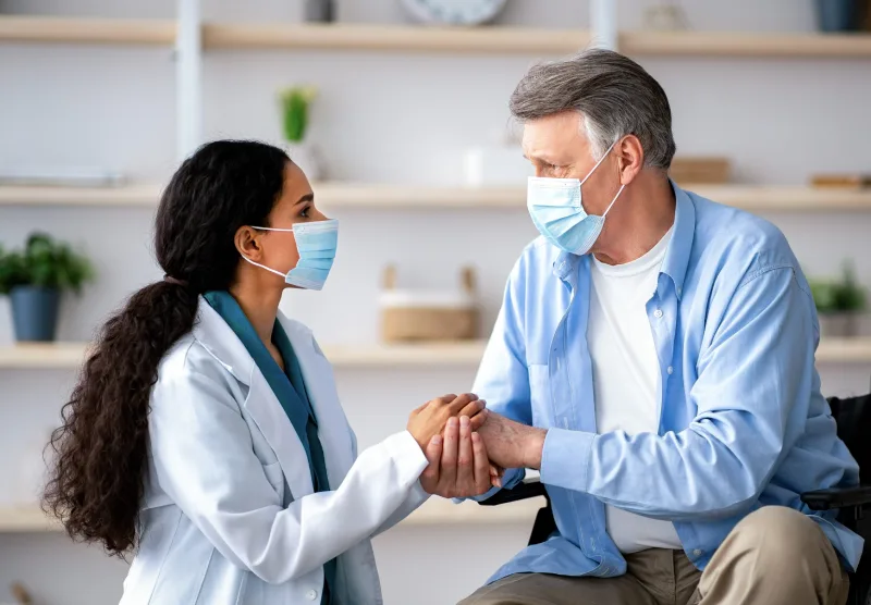 Female doctor and disabled elderly man in wheelchair wearing masks during covid lockdown, holding hands at home